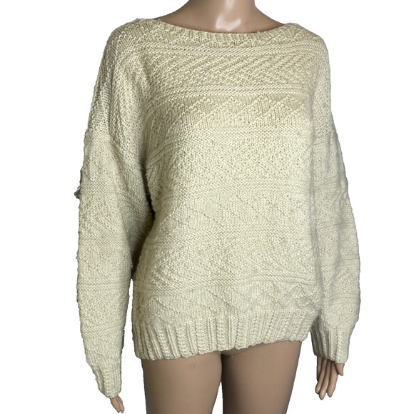 Women's Medium Vtg Pingouin Brazil Ivory Cable Knit 100% Wool Fisherman Sweater - Picture 2 of 4